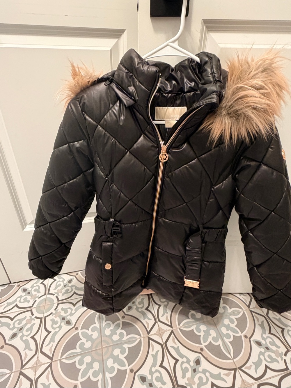 Michael Kors Kids Quilted Hooded Puffer Jacket with Faux Fur Trim - Black